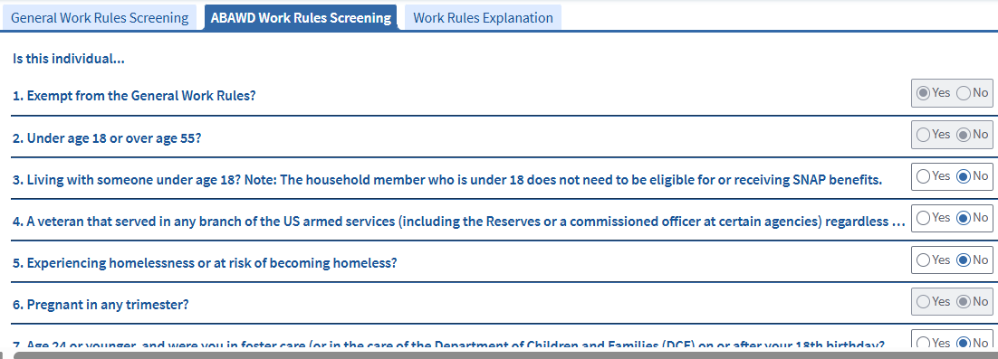 ABAWD Work Rules Screening Tab