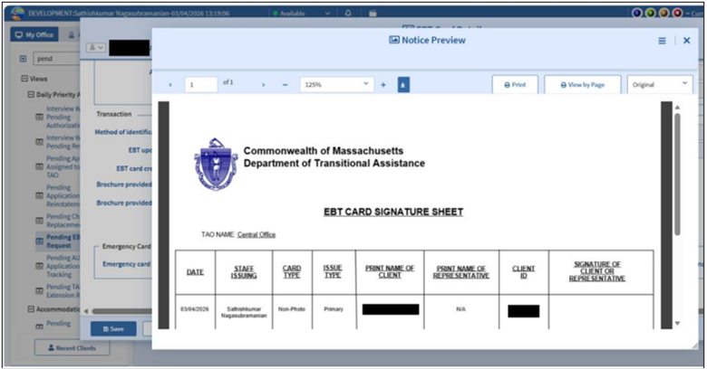 Figure 8: Screenshot of EBT Card Signature Sheet on Notice Preview Window