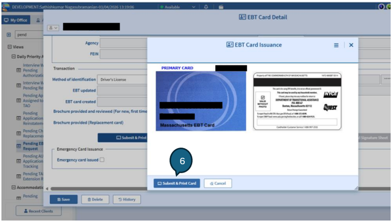 Figure 10: Screenshot of EBT Card Issuance window