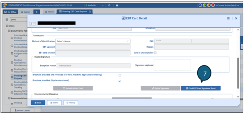Figure 15: Screenshot of EBT Card Detail window