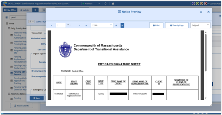 Figure 16: Screenshot of EBT Card Signature Sheet on the Notice Preview window