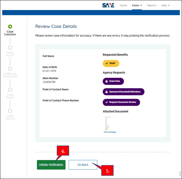 SAVE Review Case Details Initiate Verification