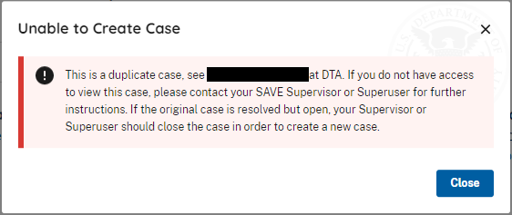 SAVE Response Unable to Create Case